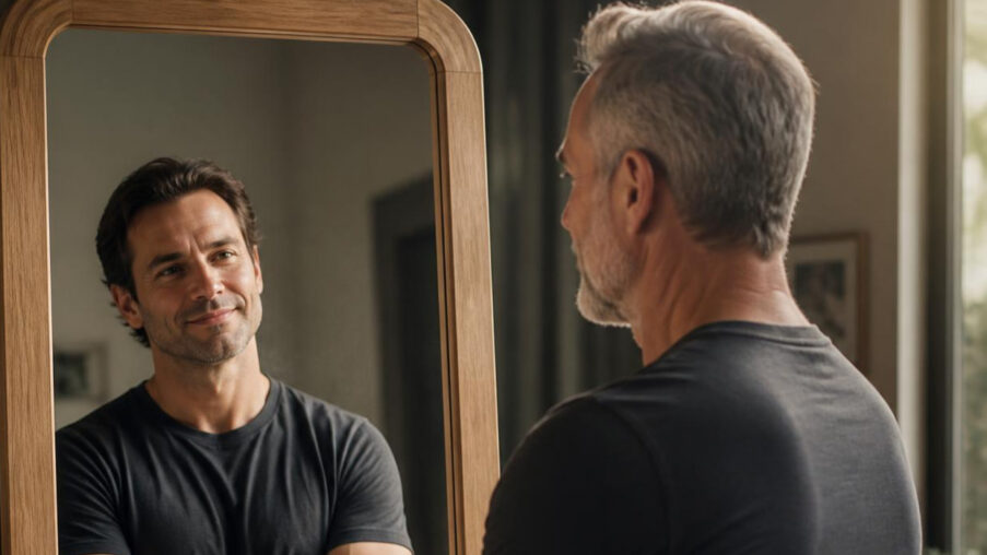 A grey-haired man in a black T-shirt looks into a mirror that reflects a younger version of himself.